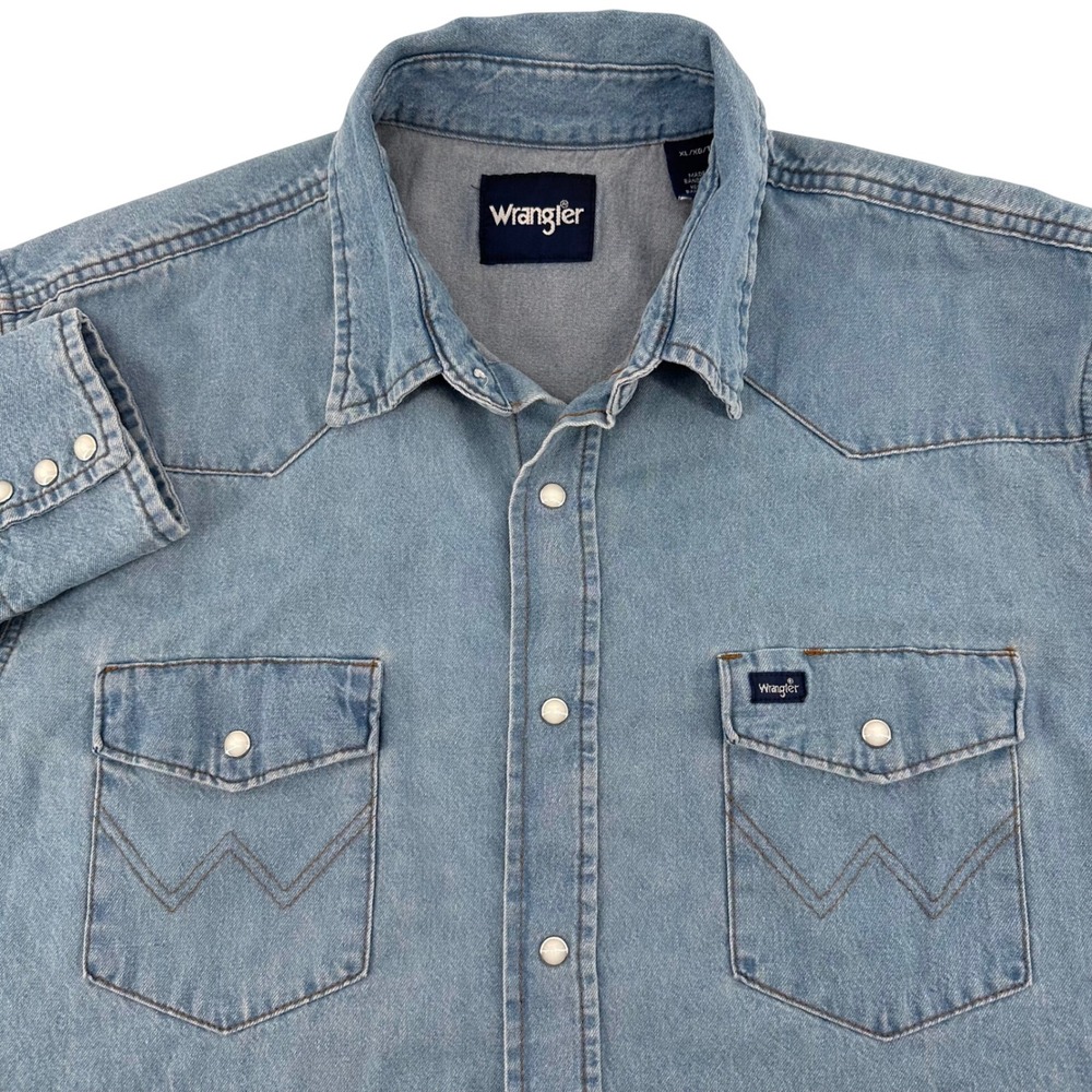 Wrangler Mens Western Denim Pearl Snap Shirt Light Wash Blue XL Long Sleeve